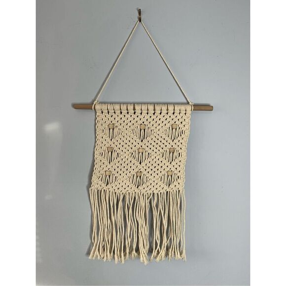 Macrame Wall Hanging Hand Tied with Wooden Beads Boho Unique Decor - Picture 3 of 5